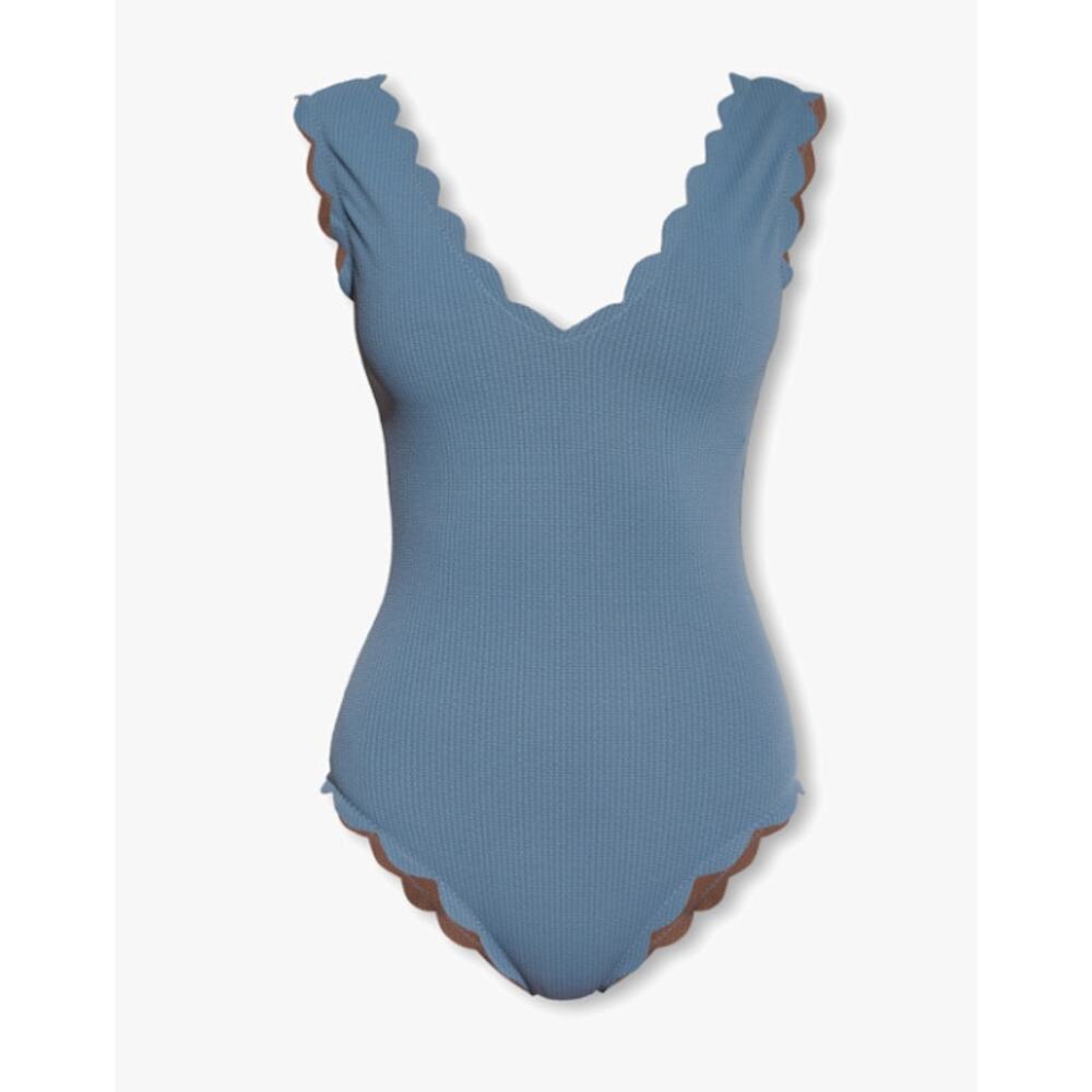 Marysia One Piece Swimsuit Scalloped Reversible V-Neck Blue Brown Size Large L